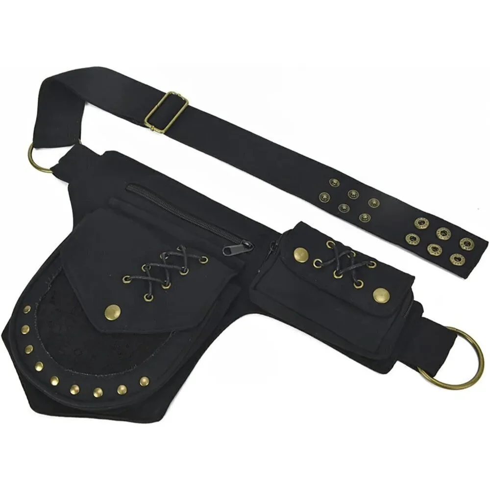 💫 Men Black Waist Bag Faire Festival Lace Utility Hip Accessories Fanny Pack